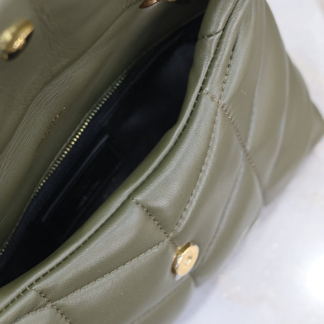 YSL 25S LOULOU PUFFER MINI 23 IN DARK OLIVE CALFSKIN GOLD HARDWARE