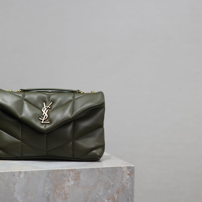 YSL 25S LOULOU PUFFER MINI 23 IN DARK OLIVE CALFSKIN GOLD HARDWARE