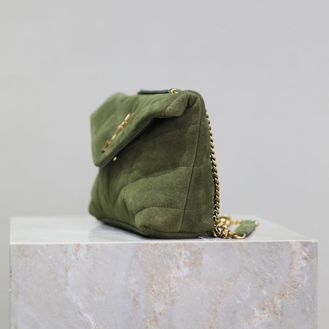 YSL 25S LOULOU PUFFER MINI 23 IN GREEN SUEDE GOLD HARDWARE