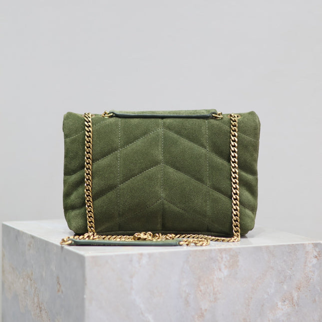 YSL 25S LOULOU PUFFER MINI 23 IN GREEN SUEDE GOLD HARDWARE