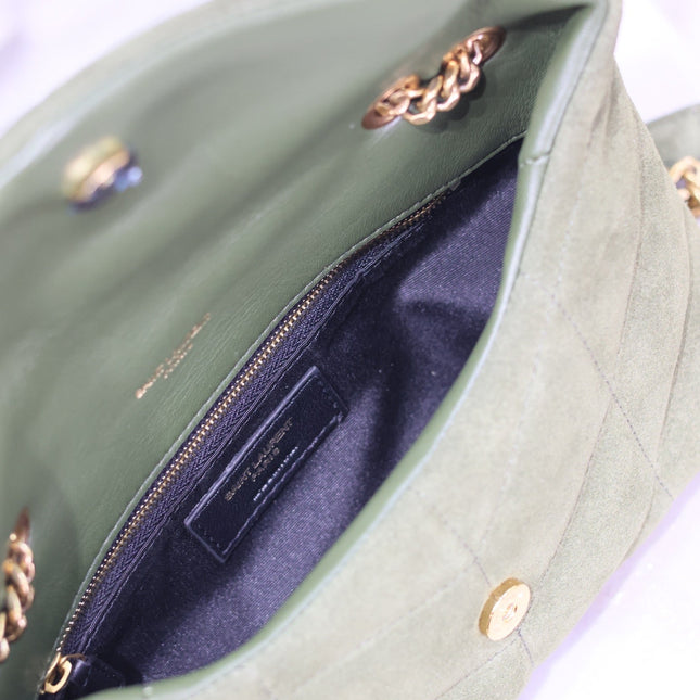 YSL 25S LOULOU PUFFER MINI 23 IN GREEN SUEDE GOLD HARDWARE