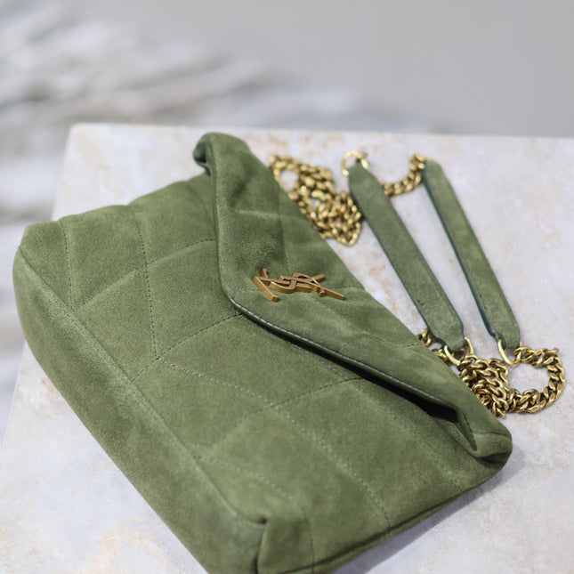 YSL 25S LOULOU PUFFER MINI 23 IN GREEN SUEDE GOLD HARDWARE