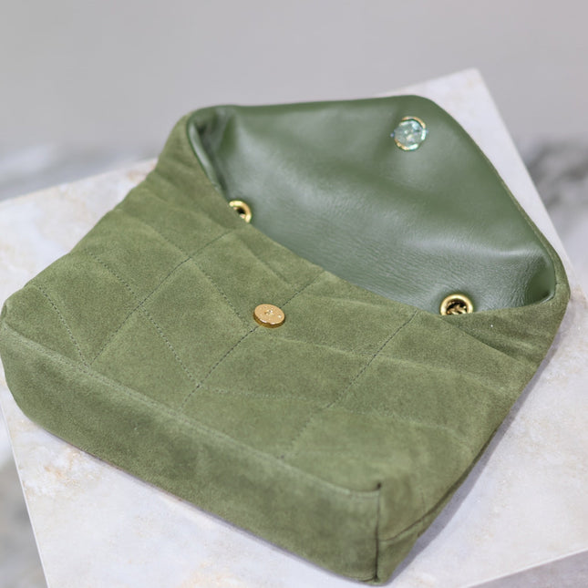 YSL 25S LOULOU PUFFER MINI 23 IN GREEN SUEDE GOLD HARDWARE