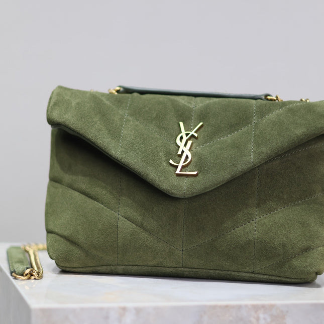 YSL 25S LOULOU PUFFER MINI 23 IN GREEN SUEDE GOLD HARDWARE