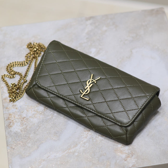 YSL 25S SAINT LAURENT GABY 19 IN DARK OLIVE QUILTED CALFSKIN GOLD HARDWARE