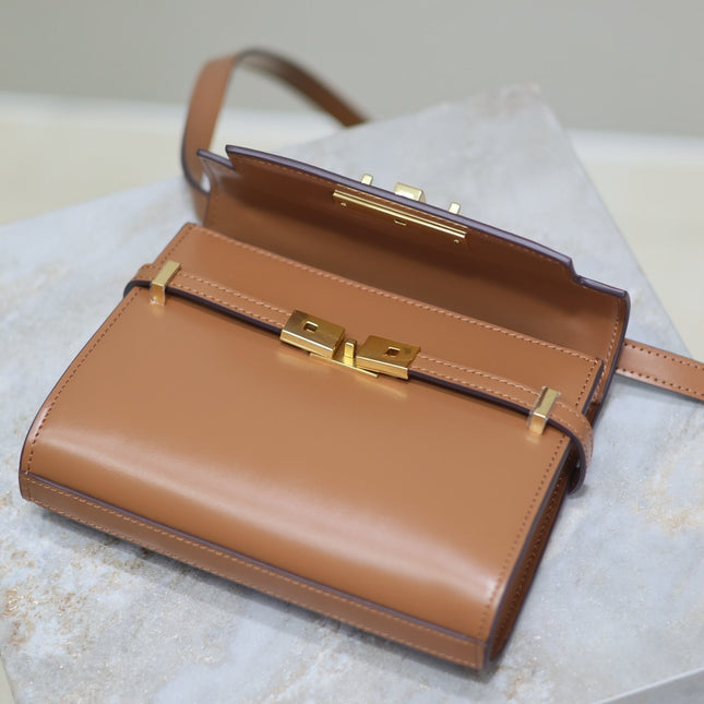 YSL 25S MINI MANHATTAN 19 IN BROWN CALFSKIN GOLD HARDWARE