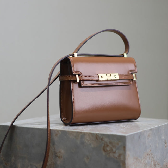 YSL 25S MINI MANHATTAN 19 IN BROWN CALFSKIN GOLD HARDWARE
