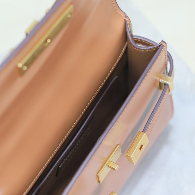 YSL 25S MINI MANHATTAN 19 IN BROWN CALFSKIN GOLD HARDWARE