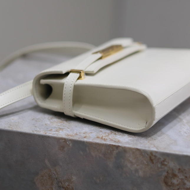 YSL 25S MINI MANHATTAN 19 IN BLANC VINTAGE CALFSKIN GOLD HARDWARE