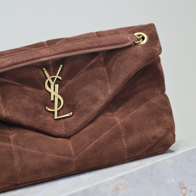 YSL 25S LOULOU PUFFER MM 29 IN DARK BROWN SUEDE GOLD HARDWARE