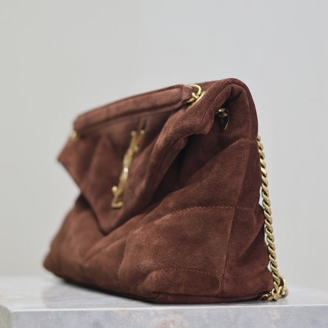 YSL 25S LOULOU PUFFER MM 29 IN DARK BROWN SUEDE GOLD HARDWARE