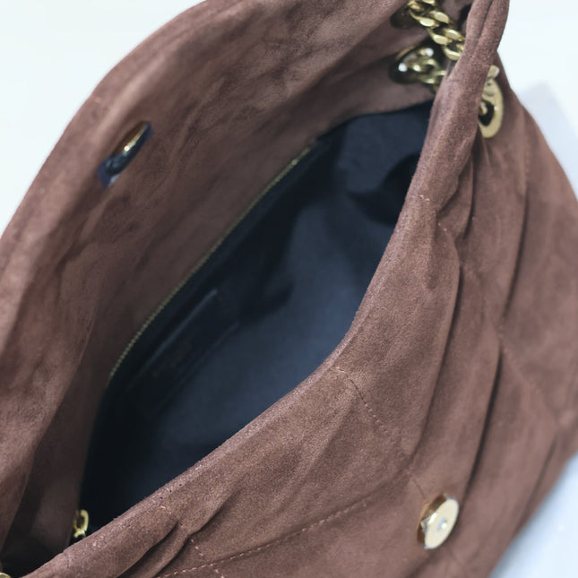 YSL 25S LOULOU PUFFER MM 29 IN DARK BROWN SUEDE GOLD HARDWARE