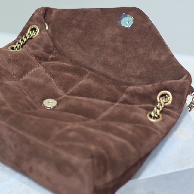 YSL 25S LOULOU PUFFER MM 29 IN DARK BROWN SUEDE GOLD HARDWARE
