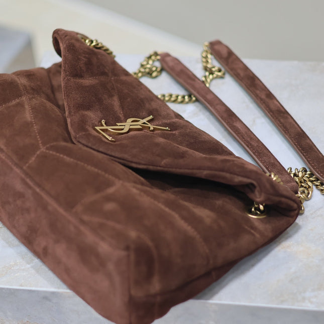 YSL 25S LOULOU PUFFER MM 29 IN DARK BROWN SUEDE GOLD HARDWARE