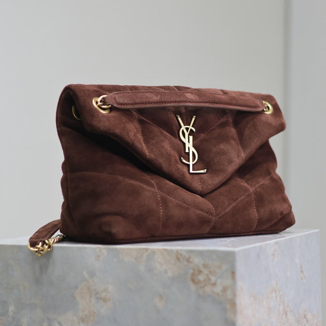 YSL 25S LOULOU PUFFER MM 29 IN DARK BROWN SUEDE GOLD HARDWARE