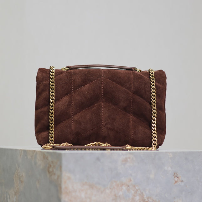 YSL 25S LOULOU PUFFER MINI 23 IN DARK BROWN SUEDE GOLD HARDWARE