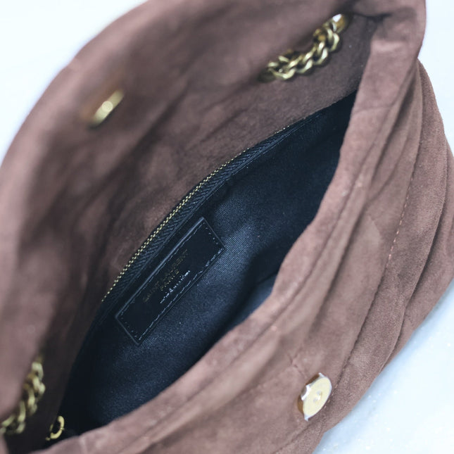 YSL 25S LOULOU PUFFER MINI 23 IN DARK BROWN SUEDE GOLD HARDWARE