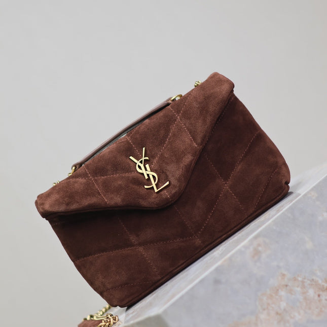 YSL 25S LOULOU PUFFER MINI 23 IN DARK BROWN SUEDE GOLD HARDWARE