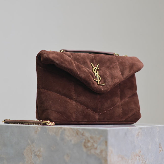 YSL 25S LOULOU PUFFER MINI 23 IN DARK BROWN SUEDE GOLD HARDWARE