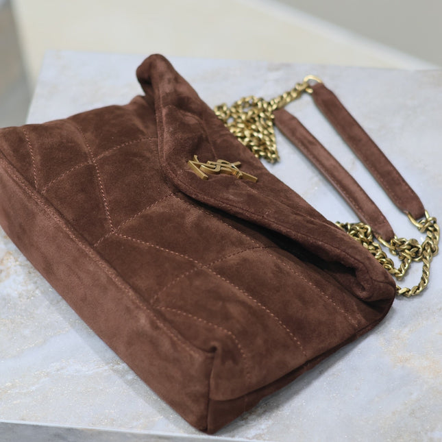 YSL 25S LOULOU PUFFER MINI 23 IN DARK BROWN SUEDE GOLD HARDWARE