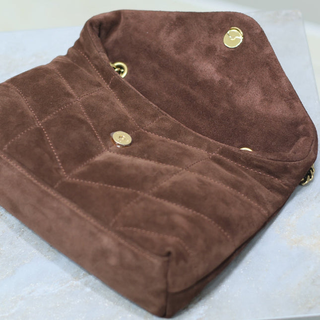 YSL 25S LOULOU PUFFER MINI 23 IN DARK BROWN SUEDE GOLD HARDWARE