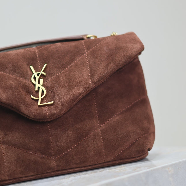 YSL 25S LOULOU PUFFER MINI 23 IN DARK BROWN SUEDE GOLD HARDWARE