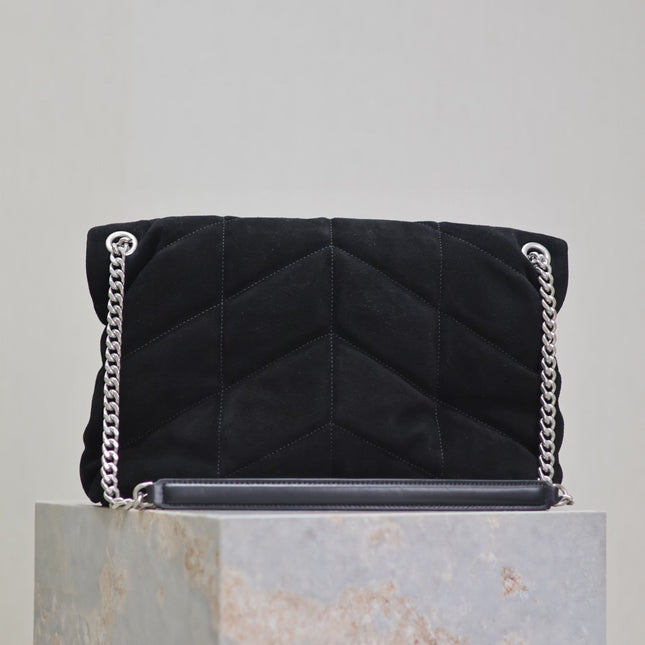 YSL 25S LOULOU PUFFER GM 35 IN BLACK SUEDE SILVER HARDWARE