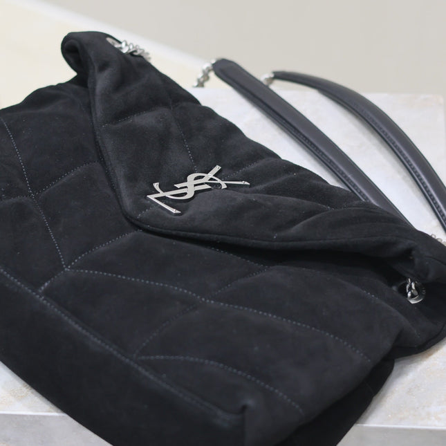 YSL 25S LOULOU PUFFER GM 35 IN BLACK SUEDE SILVER HARDWARE