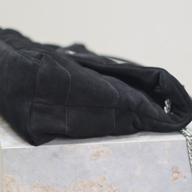YSL 25S LOULOU PUFFER GM 35 IN BLACK SUEDE SILVER HARDWARE