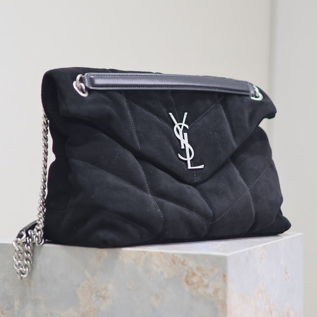 YSL 25S LOULOU PUFFER GM 35 IN BLACK SUEDE SILVER HARDWARE