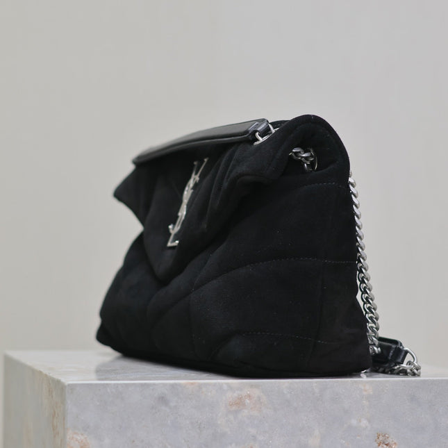 YSL 25S LOULOU PUFFER MM 29 IN BLACK SUEDE SILVER HARDWARE
