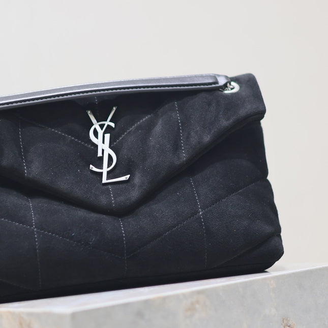 YSL 25S LOULOU PUFFER MM 29 IN BLACK SUEDE SILVER HARDWARE