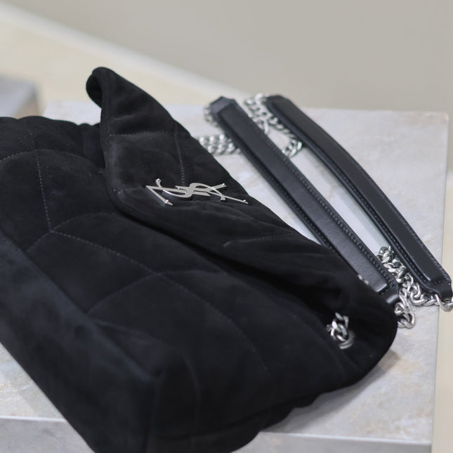 YSL 25S LOULOU PUFFER MM 29 IN BLACK SUEDE SILVER HARDWARE