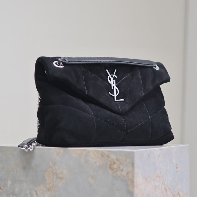 YSL 25S LOULOU PUFFER MM 29 IN BLACK SUEDE SILVER HARDWARE