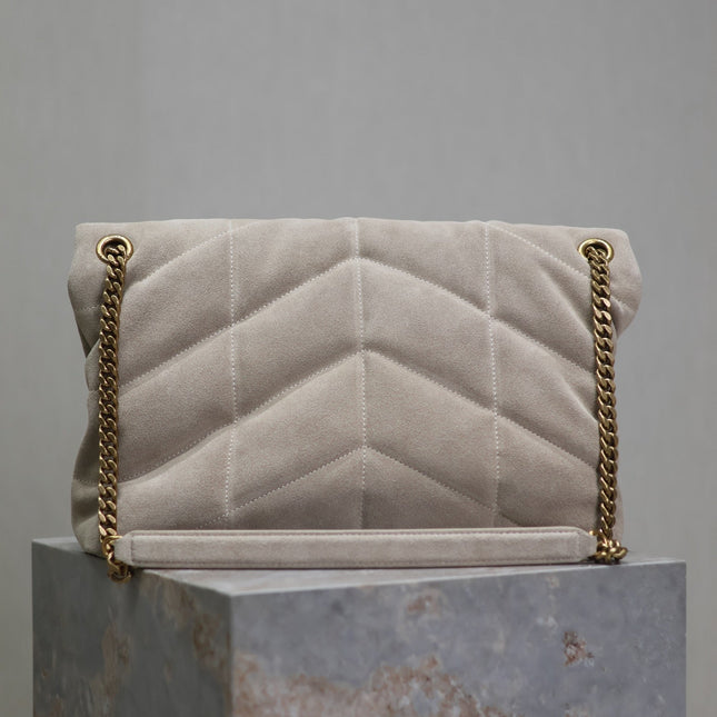YSL 25S LOULOU PUFFER GM 35 IN SMOKEY TAUPE SUEDE GOLD HARDWARE