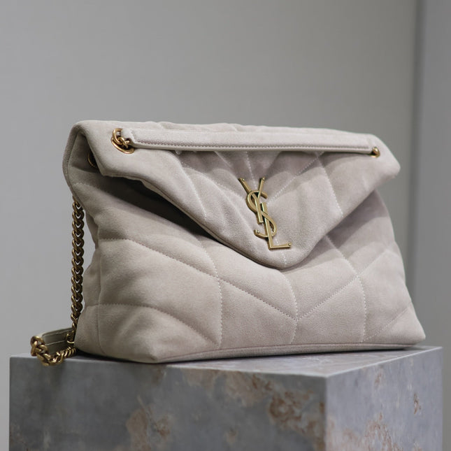 YSL 25S LOULOU PUFFER GM 35 IN SMOKEY TAUPE SUEDE GOLD HARDWARE