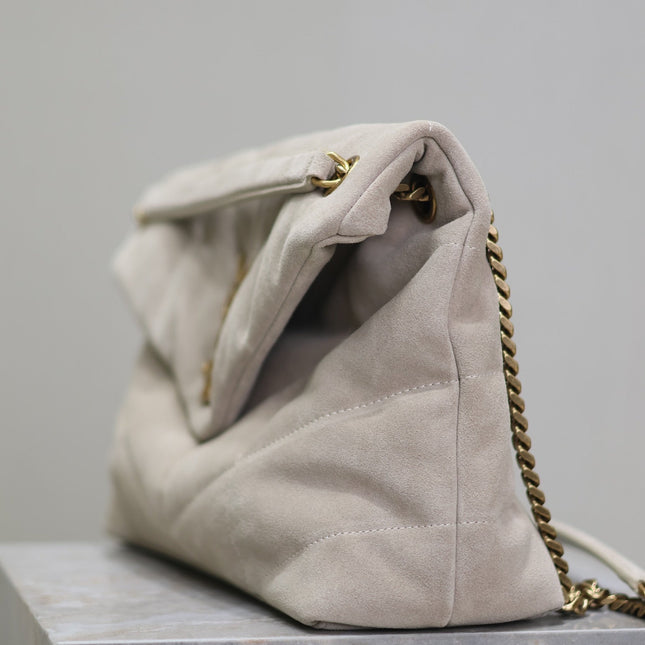 YSL 25S LOULOU PUFFER GM 35 IN SMOKEY TAUPE SUEDE GOLD HARDWARE