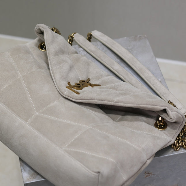 YSL 25S LOULOU PUFFER GM 35 IN SMOKEY TAUPE SUEDE GOLD HARDWARE