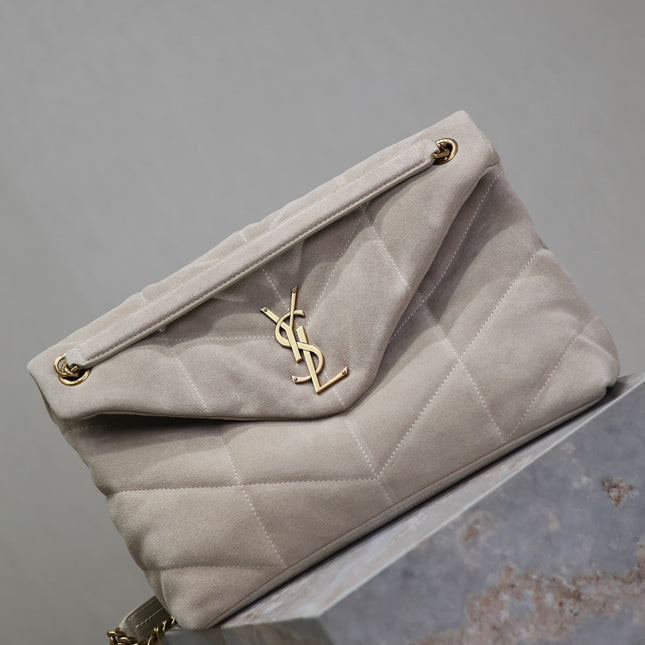 YSL 25S LOULOU PUFFER GM 35 IN SMOKEY TAUPE SUEDE GOLD HARDWARE