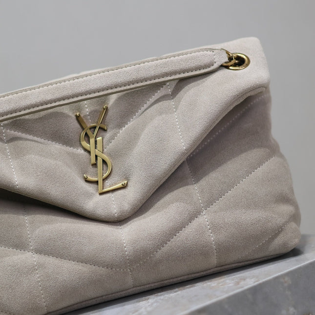 YSL 25S LOULOU PUFFER MM 29 IN SMOKEY TAUPE SUEDE GOLD HARDWARE