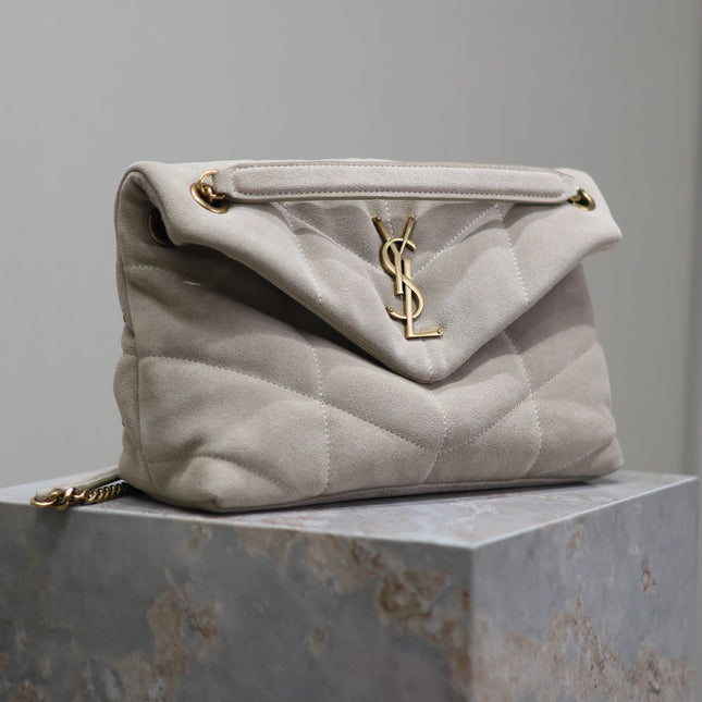YSL 25S LOULOU PUFFER MM 29 IN SMOKEY TAUPE SUEDE GOLD HARDWARE
