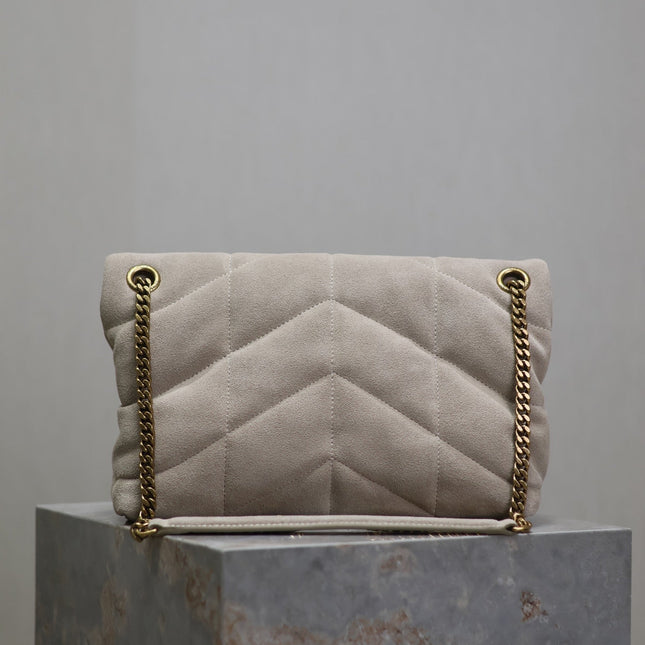 YSL 25S LOULOU PUFFER MM 29 IN SMOKEY TAUPE SUEDE GOLD HARDWARE