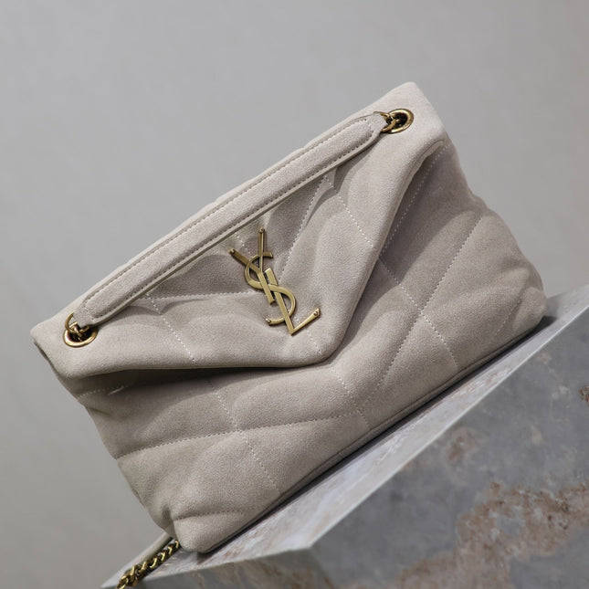 YSL 25S LOULOU PUFFER MM 29 IN SMOKEY TAUPE SUEDE GOLD HARDWARE