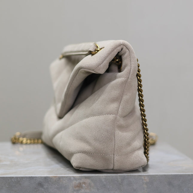 YSL 25S LOULOU PUFFER MM 29 IN SMOKEY TAUPE SUEDE GOLD HARDWARE