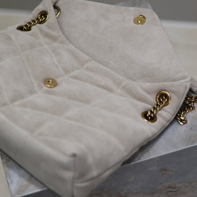 YSL 25S LOULOU PUFFER MM 29 IN SMOKEY TAUPE SUEDE GOLD HARDWARE