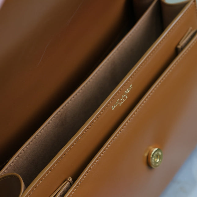 YSL 25S SUNSET BAG 22 IN DARK CARAMEL CALFSKIN GOLD HARDWARE