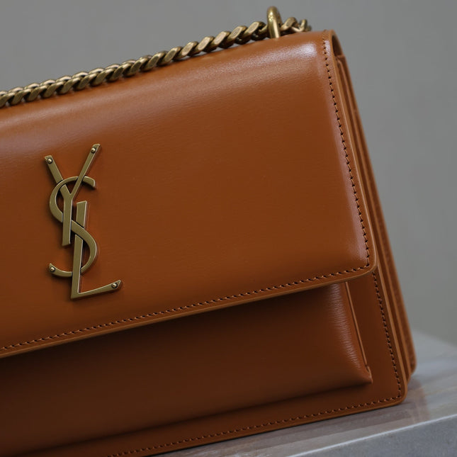 YSL 25S SUNSET BAG 22 IN DARK CARAMEL CALFSKIN GOLD HARDWARE