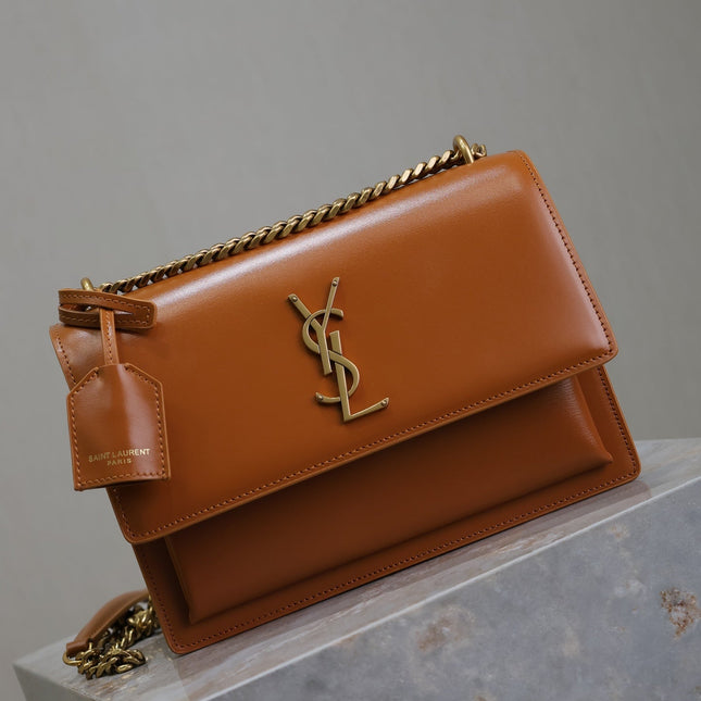 YSL 25S SUNSET BAG 22 IN DARK CARAMEL CALFSKIN GOLD HARDWARE