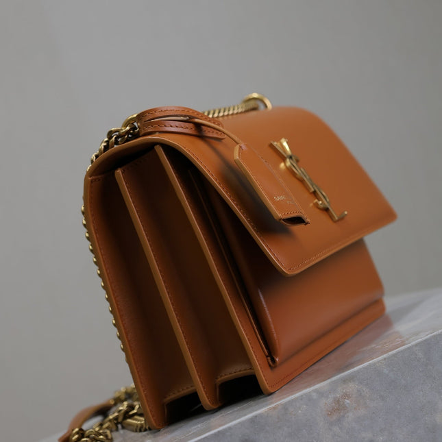 YSL 25S SUNSET BAG 22 IN DARK CARAMEL CALFSKIN GOLD HARDWARE