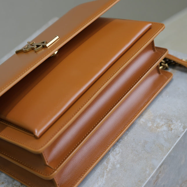 YSL 25S SUNSET BAG 22 IN DARK CARAMEL CALFSKIN GOLD HARDWARE